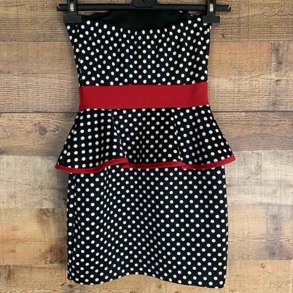Emerald Sundae Strapless Black White Red Polkadot Peplum Dress Size Small - Picture 5 of 8